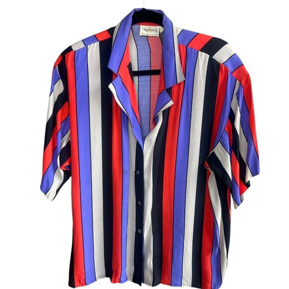 Oleg Cassini Vintage 80s Bold Wide Stripe Short Sleeve Blouse Size 14 - Picture 1 of 8